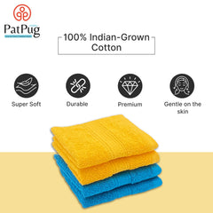 Patpug 100% Indian Ultra Soft Cotton Face Towel 500 Gsm | Napkin, Baby Face Towel, For Facewash, Gym, Travel, Hanky (Turqoise Blue & Sunrise Yellow) | Pack Of 4