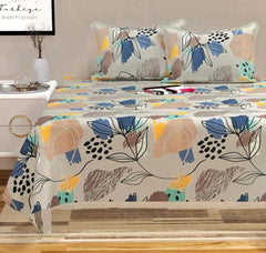 100% Cotton Double Bedsheets King Size With 2 Large Size Pillow Covers | 90 X 100 Inches, Grey & Blue | Soft & Breathable Premium Printed Design Bedsheet