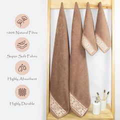 Rangoli 100% Cotton Fibre 2 Hand & 2 Bath Towel 1400 Gsm | Highly Durable & Absorbent Towel | Skin-Friendly & Quick Drying Luxury Towels (Golden Brown) - Pack Of 4