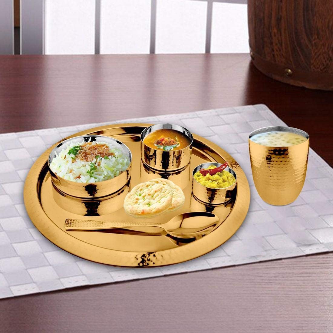 Stainless Steel Hammered Thali Set 6 Pieces, Gold | 1 Dinner Plate+ 1 Glass+ 2 Bowls+ 1 Spoon+ 1 Rice Bowl Stainless Steel Hammered Thali Set 6 Pieces, Gold | 1 Dinner Plate+ 1 Glass+ 2 Bowls+ 1 Spoon+ 1 Rice Bowl