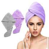 Fezora Hair Towel Wrap For Women (Pack Of 2) | Quick-Dry Microfiber Hair Turban With Elastic Loop | Super Absorbent Hair Drying Towel For Ladies & Girls (Grey & Purple)