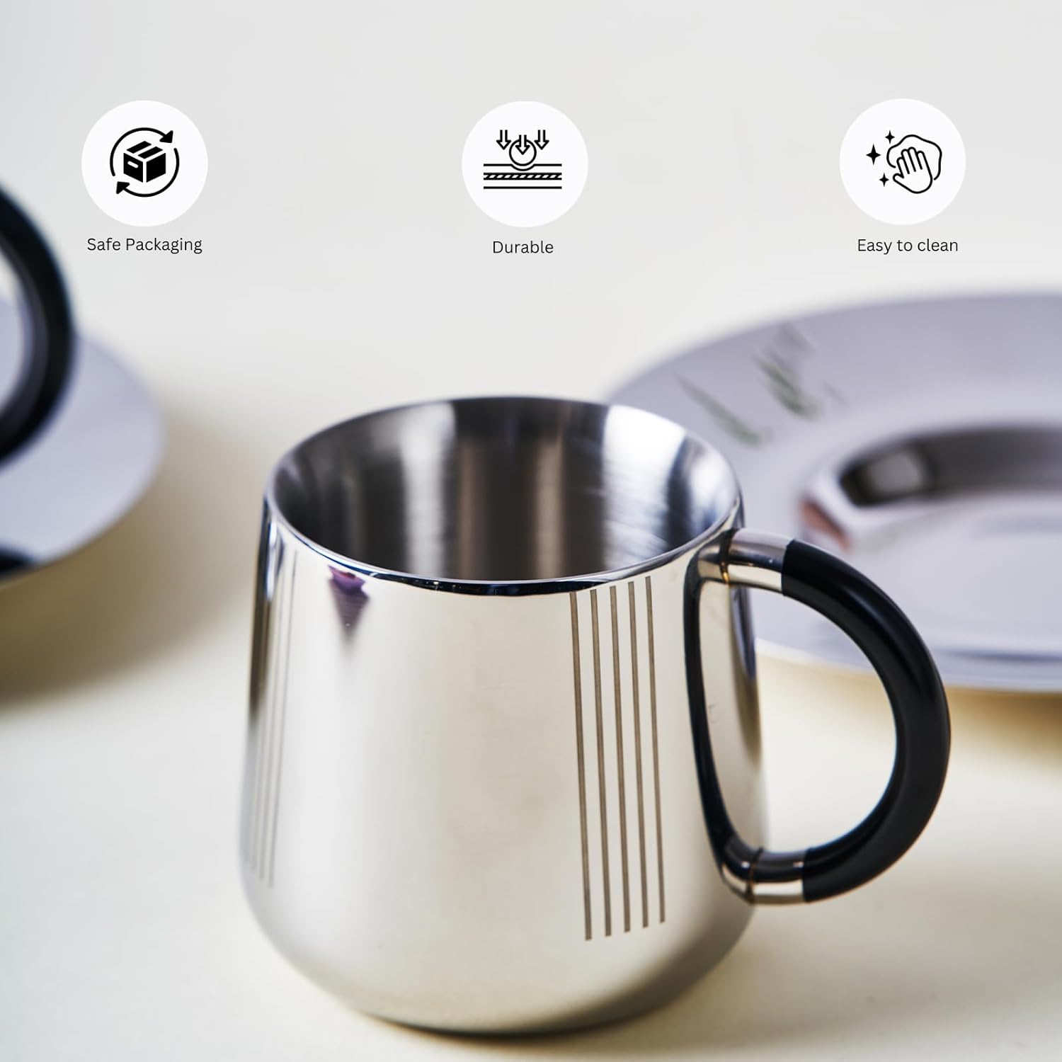 Designer Stainless Steel Fluted Cup & Saucer Set Of 2, Black & Chrome - Small, Deco Series | Double Walled Cup - Unbreakable Cups For Tea Coffee Mugs With Saucer | Serve Ware, Dinnerware & Tableware Designer Stainless Steel Fluted Cup & Saucer Set Of 2, Black & Chrome - Small, Deco Series | Double Walled Cup - Unbreakable Cups For Tea Coffee Mugs With Saucer | Serve Ware, Dinnerware & Tableware
