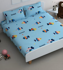 Cartoon Printed Double Bedsheet For Kids With 2 Pillow Cover - 90 X 95 Inches, Aqua | Cotton Feel All Around Elastic Fitted Queen Size Double Bed