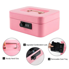 Medium Metal Cash Box With Combination Lock Safe & Money Tray For Security 7.87"X 6.30"X 3.54" Colour - Pink