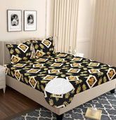 Cotton Elastic Fitted Bedsheets With 2 Pillow Covers Double Bed All Around Elastic Sheet Leaf Print | 72 X 78 +10 Inches, Black-Breathable & Skin-Friendly Bedsheet