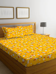 Premium Cotton Elastic Fitted Bedsheets With 2 King Size Pillow Covers - 72 X 78 + 10 Inches, Yellow & Red | Super Soft Brushed Glace | Breathable & Wrinkle Free