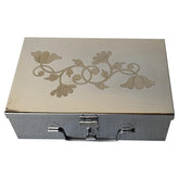 Stainless Steel Storage Boxes, Cash Peti, Pooja Peti, Organizer, Vanity Box, Safe Locker Box- 9 Inch Storage Box, W-23 Cm, H-7.5 Cm, L-15.5 Cm. Cash Box With Laser Print Design, Medium