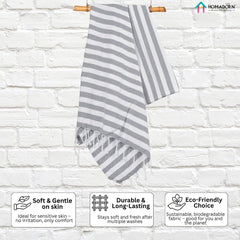 Homadorn 100% Cotton Striped Fouta Bath Towels 700 Gsm | Soft Quick Dry & Absorbent Hand-Knotted Tassels | Turkish Hamam Towel (Grey - White)- Pack Of 2