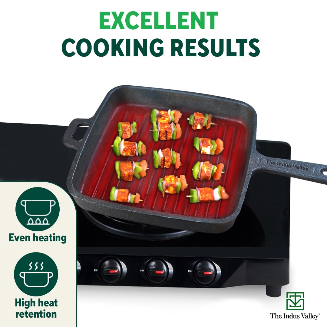 Pre-Seasoned Black Cast Iron Grill Pan With Long Handle - Medium, 25 Cm, 9.8 Inch, 1.5 Ltr, 3.4 Kg | Induction Friendly, 100% Pure & Toxin-Free, No Chemical Coating Pre-Seasoned Black Cast Iron Grill Pan With Long Handle - Medium, 25 Cm, 9.8 Inch, 1.5 Ltr, 3.4 Kg | Induction Friendly, 100% Pure & Toxin-Free, No Chemical Coating