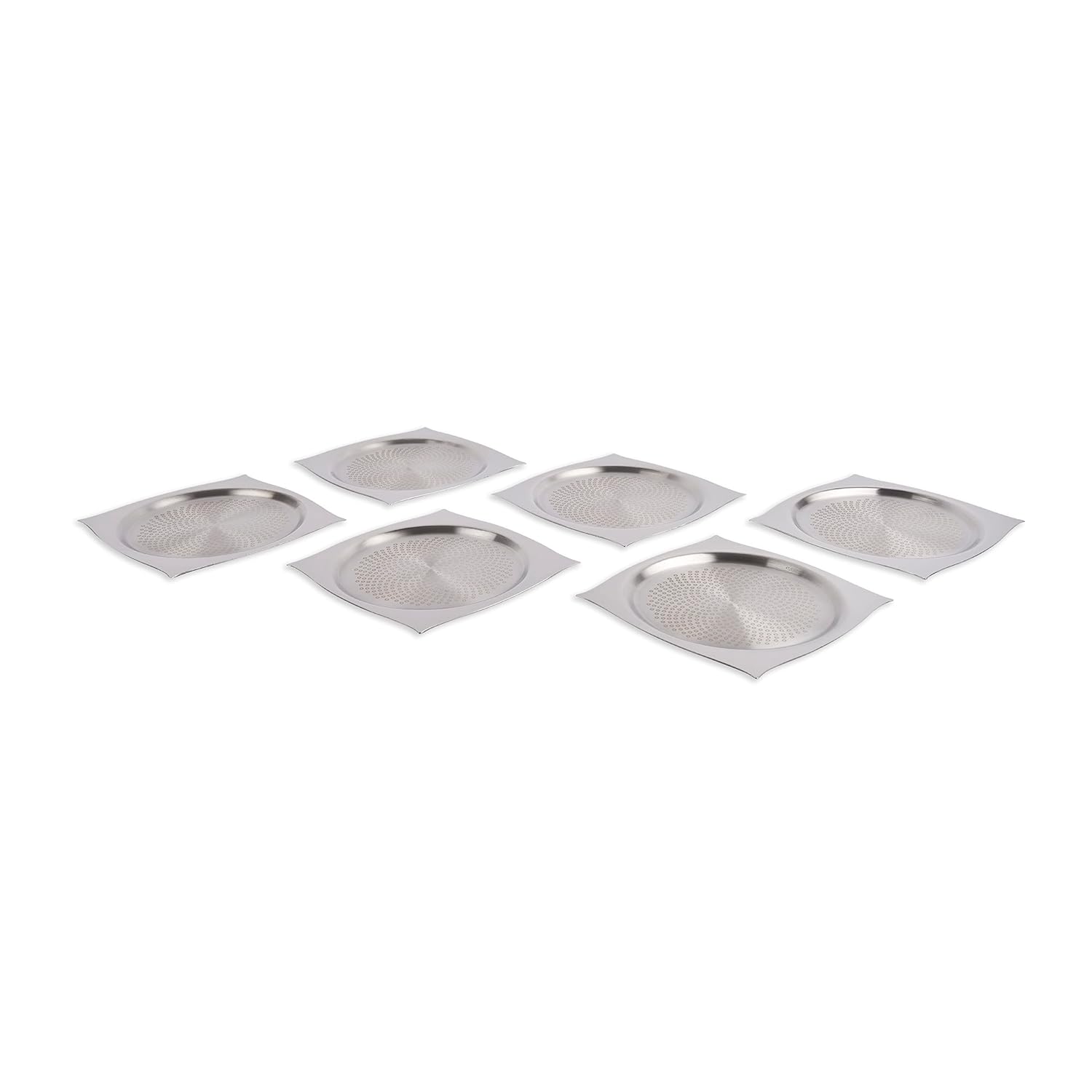 Designer Silver Stainless Steel Dessert Plate Set Of 6 - Aladdin Series | Texture Multipurpose Tray For Dessert - Serve Ware & Tableware Designer Silver Stainless Steel Dessert Plate Set Of 6 - Aladdin Series | Texture Multipurpose Tray For Dessert - Serve Ware & Tableware
