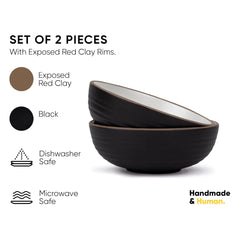 Ceramic Japandi Medium Pasta Bowl Set Of 2 Pieces - 17cm, Black, 850ml Each | Stoneware Ceramic Serving Bowls - Pasta Plate, Deep Plate | Ceramic Bowl With Matte Finish - Pasta Serving Plate