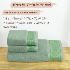 Rangoli 100% Cotton Fibre 2 Hand & 1 Bath Towel 1100 Gsm | Highly Durable & Absorbent Towel | Skin-Friendly & Quick Drying Luxury Towels (Green) - Pack Of 3