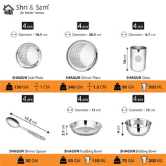 Designer Stainless Steel Floral Shagun Laser Bloom Dinner Set Of 24 Pieces, Silver | 4 Dinner Plate+ 4 Side Plate+ 4 Glass+ 4 Bidding Bowl+ 4 Pudding Bowl+ 4 Dinner Spoon