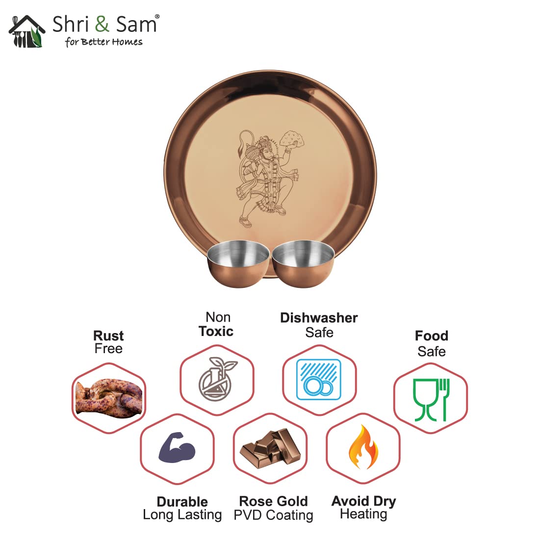 Stainless Steel Hanuman Ji Pooja Thali Set Of 3, Rose Gold PVD Coating | 1 Pooja Thali+ 2 Katoris - Easy To Clean & Dishwasher Safe Stainless Steel Hanuman Ji Pooja Thali Set Of 3, Rose Gold PVD Coating | 1 Pooja Thali+ 2 Katoris - Easy To Clean & Dishwasher Safe