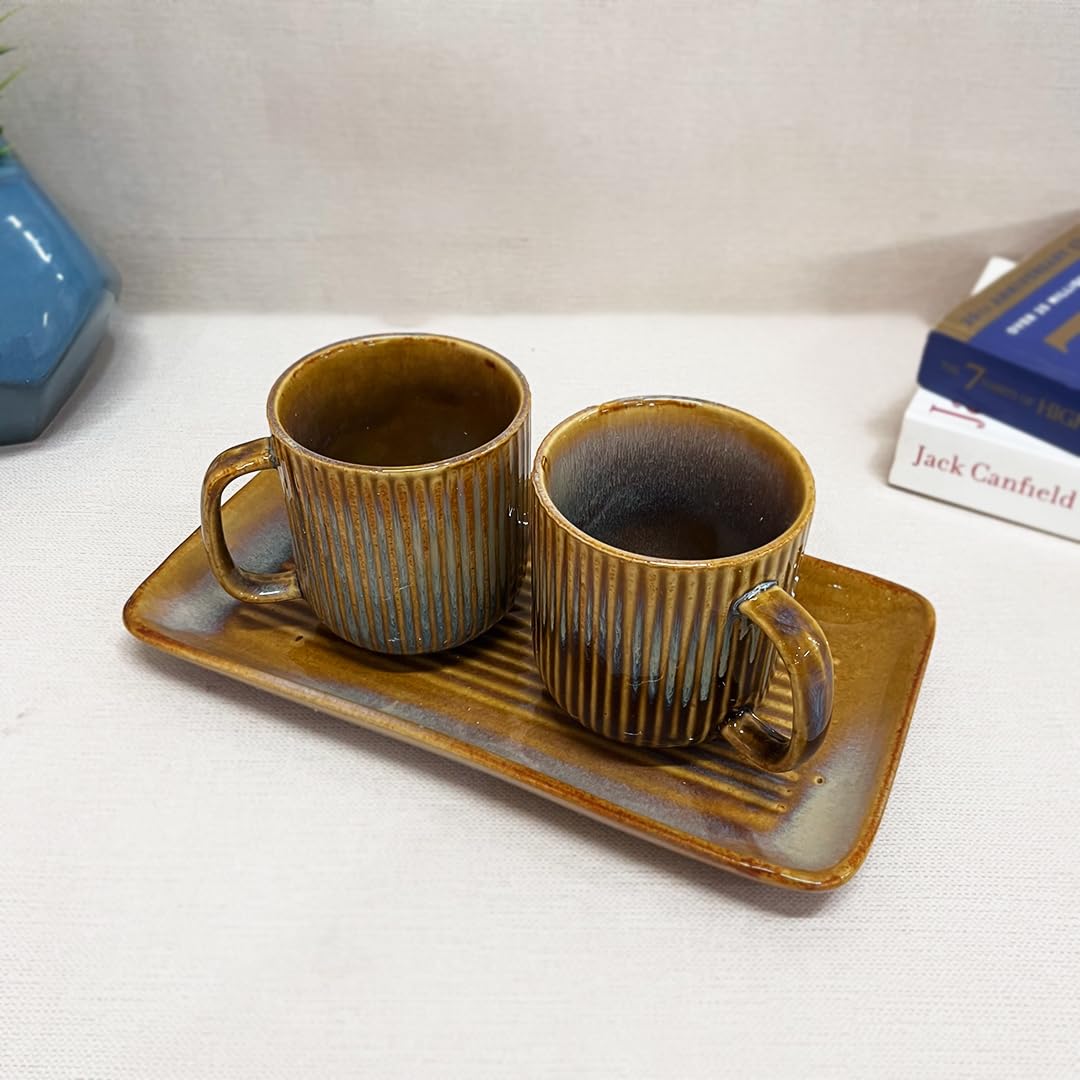 Rustic Yellow Ceramic Coffee Mug Set Of 2 With Tray - 350ml Each Mug | Studio Pottery Ceramic Mugs For Tea, Coffee Mug & Tray Set For Gifting - Microwave Safe & Leak Proof Rustic Yellow Ceramic Coffee Mug Set Of 2 With Tray - 350ml Each Mug | Studio Pottery Ceramic Mugs For Tea, Coffee Mug & Tray Set For Gifting - Microwave Safe & Leak Proof