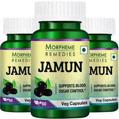Morpheme Remedies Jamun 500mg, Control Sugar & Powerful Source Of Antioxidants | 60 Veg Capsules 100gm 0.2lbs Each Pack Of 3