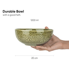Ceramic Carving Large Serving Bowls Set Of 1 Pc - 1200ml, Mehndi Green Carving | Premium Ceramic Bowls - Large Size | Microwave Safe Bowls - Bowl Sets With Glossy Finish | Ceramic Bowl