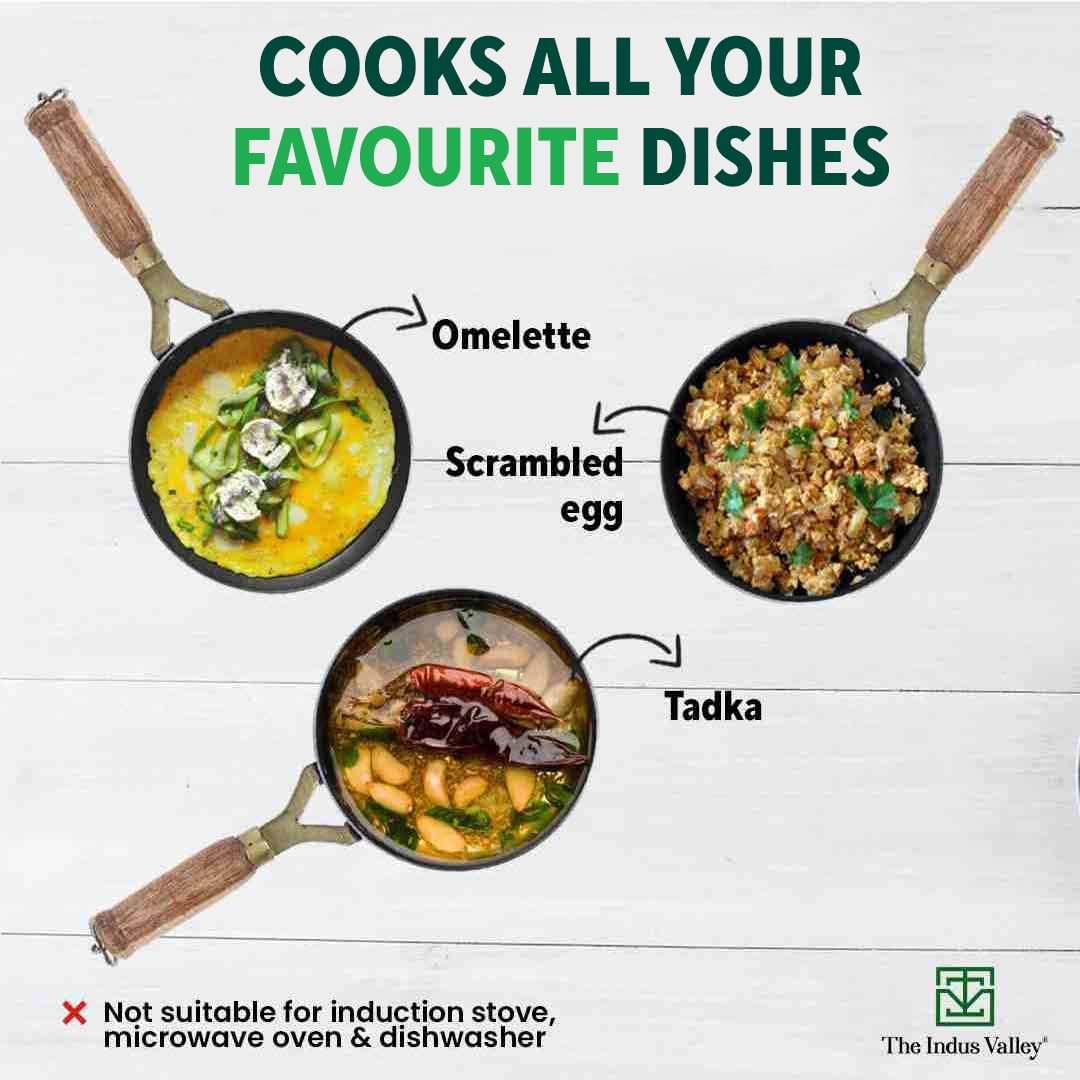 Pre-Seasoned Iron Tadka Pan With Wooden Handle - Very Small 12.7cm, 5 Inch, 0.3 Liter, 0.4 Kg | Gas Compatible - 100% Pure & Toxin-Free, No Chemical Coating Pre-Seasoned Iron Tadka Pan With Wooden Handle - Very Small 12.7cm, 5 Inch, 0.3 Liter, 0.4 Kg | Gas Compatible - 100% Pure & Toxin-Free, No Chemical Coating