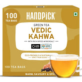 Handpick Vedic Detox Kahwa Green Tea With Rich Spice & Rocksalt - 100 Tea Bags | Blend Of 10 Real Ayurvedic Herbs - Tulsi, Ginger, Black Pepper, Clove, Nutmeg & Rock Salt | Medium Caffeine