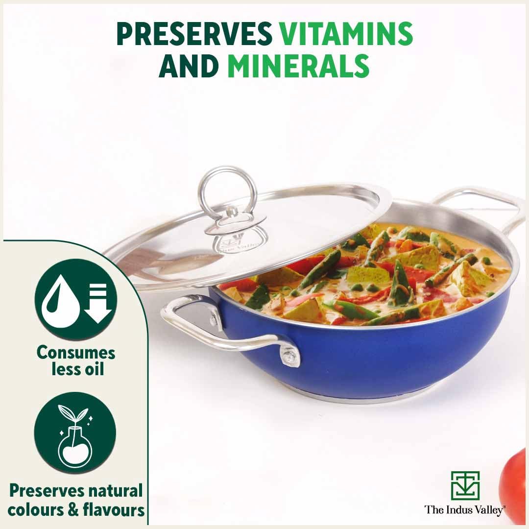 Coloured Stainless Steel Kadai With Steel Lid - Blue, Large, 28.8cm, 11.3 Inch, 4.5 Liters, 1.2 Kg | Induction Friendly, Nonstick 3-Layer Bottom, 100% Toxin-Free, No Chemical Coating Coloured Stainless Steel Kadai With Steel Lid - Blue, Large, 28.8cm, 11.3 Inch, 4.5 Liters, 1.2 Kg | Induction Friendly, Nonstick 3-Layer Bottom, 100% Toxin-Free, No Chemical Coating