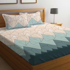 Elastic Fitted Printed Queen Size Double Bed Bedsheet With 2 Pillow Covers | 60 X 78 X 10 Inches, Beige & Green | Super Soft Premium Brushed Glace Cotton Material