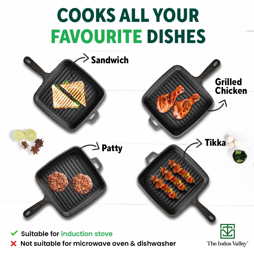 Pre-Seasoned Black Cast Iron Grill Pan With Long Handle & Silicon Grip - Medium, 25 Cm, 9.8 Inch, 1.5 Ltr, 3.4 Kg | Induction Friendly, 100% Pure & Toxin-Free, No Chemical Coating Pre-Seasoned Black Cast Iron Grill Pan With Long Handle & Silicon Grip - Medium, 25 Cm, 9.8 Inch, 1.5 Ltr, 3.4 Kg | Induction Friendly, 100% Pure & Toxin-Free, No Chemical Coating
