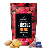 Blue Tea Caffeine Free Hibiscus Ginger Herbal Tea - 60 Pyramid Tea Bags | Skin Glow Enhancing Tea - Gluten Free, Non GMO | Plant Based Tangy & Spicy - Zip Lock Pouch