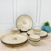 Iris Beige Handcrafted Ceramic Dinner Set - 12 Pieces | 6 Dinner Plates + 6 Katori Bowls, 180ml Each Dinnerware Set | Serving For 6, Microwave Safe & Dishwasher Safe