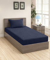 1 Bedsheet Single Satin Stripe Elastic Fitted With 1 Pillow Cover (36 X 78 Inches) Dark Blue | Lightweight, Soft & Breathable - Perfect For Gifting On Weddings Bedsheet