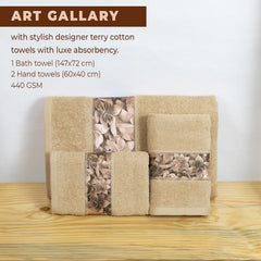 Rangoli 100% Cotton Fibre 1 Bath & 2 Hand Towels 900 Gsm | Highly Durable & Absorbent With Printed Border | Quick Drying Towels (Beige)