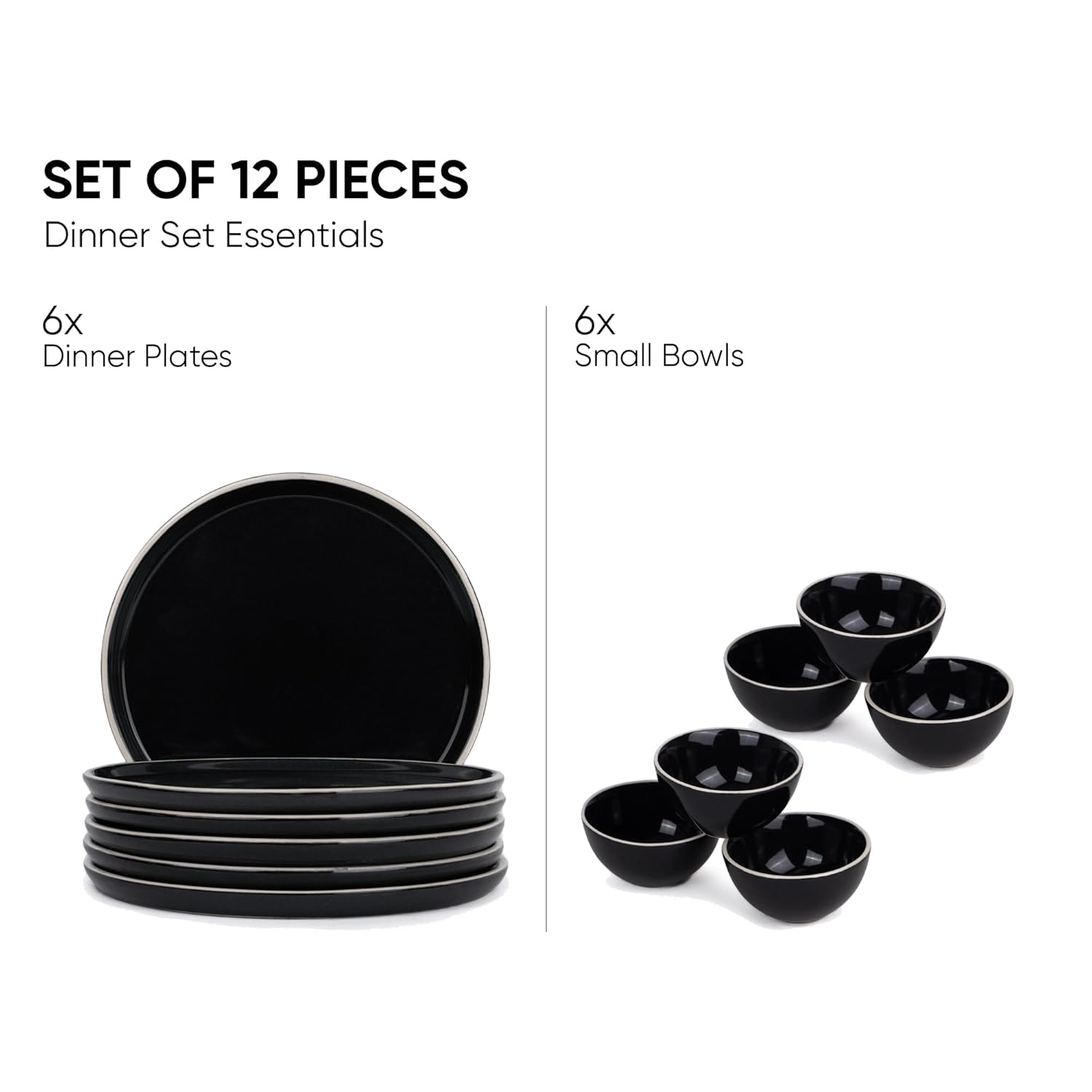 Ceramic Dinner Set Of 12 Pcs, Black Rim | Crockery Set For Dining Table - Dining Sets Crockery Items | Glossy Finish Premium Stoneware | 6 Dinner Plates + 6 Veg Small Bowls, 180ml Each Ceramic Dinner Set Of 12 Pcs, Black Rim | Crockery Set For Dining Table - Dining Sets Crockery Items | Glossy Finish Premium Stoneware | 6 Dinner Plates + 6 Veg Small Bowls, 180ml Each
