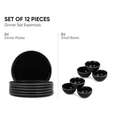 Ceramic Dinner Set Of 12 Pcs, Black Rim | Crockery Set For Dining Table - Dining Sets Crockery Items | Glossy Finish Premium Stoneware | 6 Dinner Plates + 6 Veg Small Bowls, 180ml Each