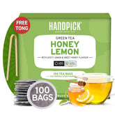 Handpick Honey Lemon Green Tea Bags With Free Tong - 100 Tea Bags | Zesty Lemon & Sweet Honey Flavor - Round & Eco-Friendly Tea Bags Packed In Resealable Bag | Brew As Hot Or Iced Tea