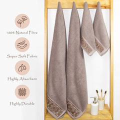 Rangoli 100% Cotton Fibre 2 Hand & 2 Bath Towel 1400 Gsm | Highly Durable & Absorbent Towel | Skin-Friendly & Quick Drying Luxury Towels (Brown) - Pack Of 4