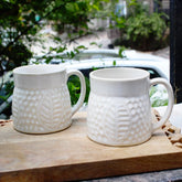 White Leaf Embossed Ceramic Coffee Mug Set Of 2 Pieces - 350ml Each | Studio Pottery Ceramic Mugs For Coffee, Tea, Milk - Microwave Safe & Leak Proof