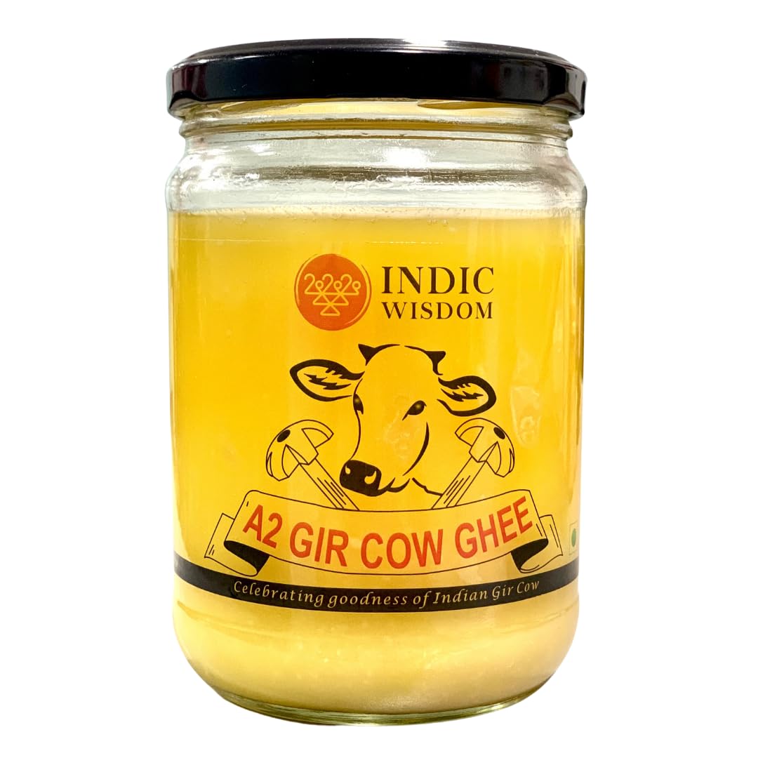 Natural Premium Hand Churned A2 Desi Gir Cow By Indic Wisdom | Rich In Nutrients Traditional Bilona Method Pure Desi Cow Ghee For Cakes & Biscuits | (450ml) 15.2 Ounce | Jar Pack