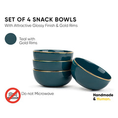 Ceramic Bowl Set Of 4 Pieces For Snacks - 330ml Each, Teal Gold | Maggie Bowl, Noodle Bowl With Glossy Finish - Premium Stoneware | Microwave Safe & Dishwasher Safe