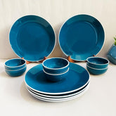 Retro Green Handcrafted Ceramic Dinner Set - 12 Pieces | 6 Dinner Plates + 6 Katori Bowls, 180ml Each Dinnerware Set | Serving For 6, Microwave Safe & Dishwasher Safe