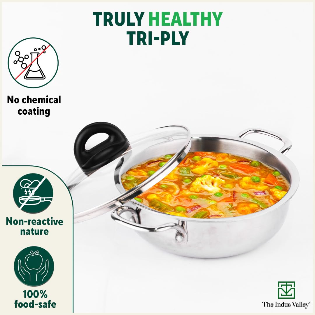 Triply Stainless Steel Deep Kadai With Glass Lid - 22.2cm, 8.7 Inch, 1.5 Liters, 1.38 Kg | Induction Friendly, Nonstick 3-Layer Body, 100% Pure & Toxin-Free, Silver Triply Stainless Steel Deep Kadai With Glass Lid - 22.2cm, 8.7 Inch, 1.5 Liters, 1.38 Kg | Induction Friendly, Nonstick 3-Layer Body, 100% Pure & Toxin-Free, Silver