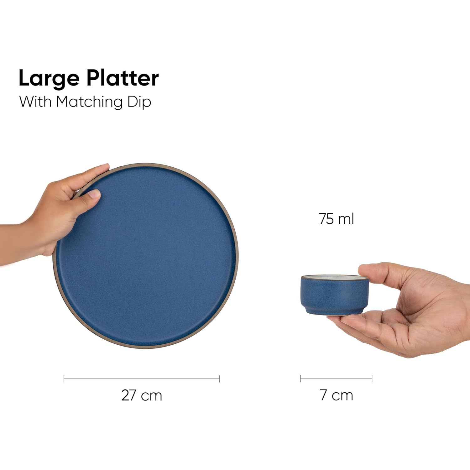 Large Round Ceramic Serving Platter, Blue - 1 Platter + 1 Dip Bowl, 75ml Japandi Series | Big Serving Plate Set With Matte Finish - Platters Serving Set | Ceramic Round Platter - Microwave Safe Large Round Ceramic Serving Platter, Blue - 1 Platter + 1 Dip Bowl, 75ml Japandi Series | Big Serving Plate Set With Matte Finish - Platters Serving Set | Ceramic Round Platter - Microwave Safe