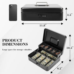 Cash Box With Combination Lock, Metal Cash Box With Money Tray, Cash Register,5 Compartments Cantilever Tray & 4 Spring - Clips For Bills,11.81"X 9.45"X 3.54" Colour - Black