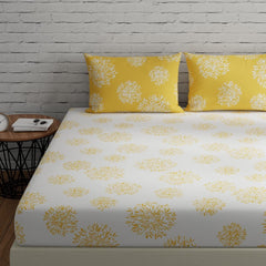 Flat Bedsheet For Double Bed With 2 Pillow Covers - 88 X 96 Inches, White & Yellow | Comfort Fabric Bedsheet Home, Hotel & Guest House