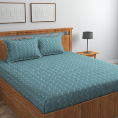 Pure Cotton Full Elastic Fitted Bedsheets For Double King Size Bed With 2 Pillow Covers | 72x78+10 Inches, Teal & White | Super Soft Brushed Glace | Breathable & Wrinkle Free