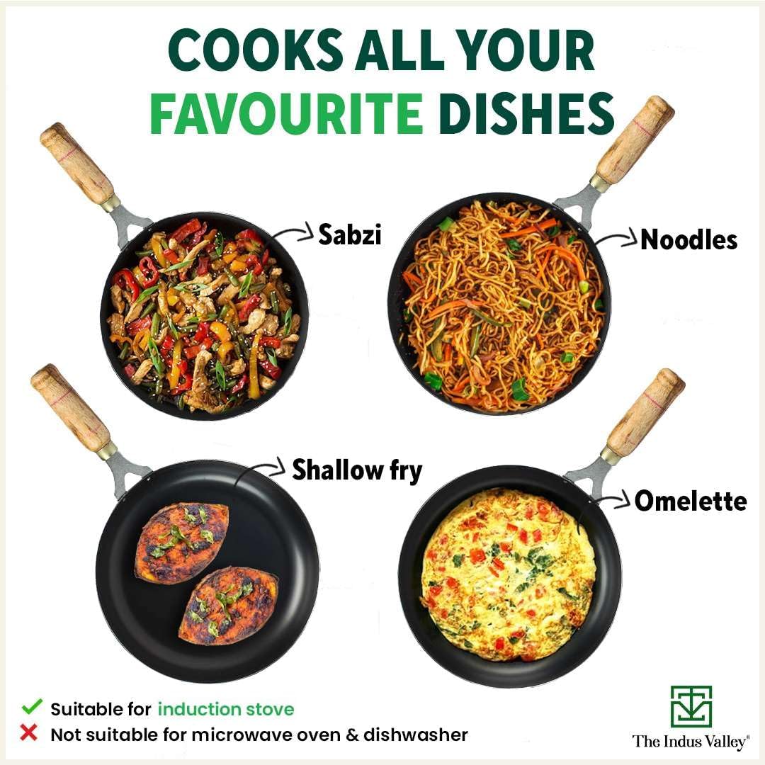 Pre-Seasoned Black Iron Fry Pan With Wooden Handle - Medium, 24.7 Cm, 9.7 Inch, 1.5 Ltr, 0.9 Kg | Induction Friendly, Pre-Seasoned Fry Pan, 100% Pure & Toxin-Free, No Chemical Coating Pre-Seasoned Black Iron Fry Pan With Wooden Handle - Medium, 24.7 Cm, 9.7 Inch, 1.5 Ltr, 0.9 Kg | Induction Friendly, Pre-Seasoned Fry Pan, 100% Pure & Toxin-Free, No Chemical Coating