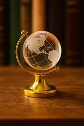 Luxury Crystal Mini 3 Inch Globe With Golden Stand, For Desk Or Office Decor, Modern Decorative Glass Globe With Etched Continents (Gold & White) Pack Of 1