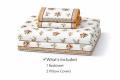 Hand Printed Cotton Bedsheet For King Size With 2 Pillow Covers | 93 X 108 Inches, Cream & Red | Ultra-Soft & Skin-Safe | Breathable Summer Comfort