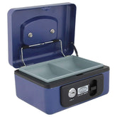 Imported Metal Cash Box With Dual Combination & Password Lock Small Size Money Box For Cash, Jewellery Safe Locker With Removable Plastic Coin Tray, Colour - Blue, Material - Metal