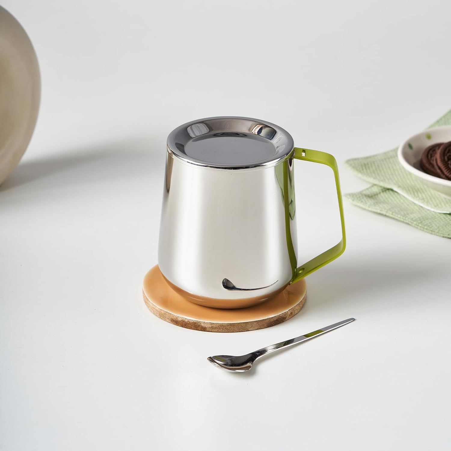 Stainless Steel Mug With Spoon & Lid - Bliss Series, Chrome & Yellow | Morning Drinking Cup - Ideal For Hot & Cold Drinks | Serve Ware & Tableware - Dishwasher Safe Stainless Steel Mug With Spoon & Lid - Bliss Series, Chrome & Yellow | Morning Drinking Cup - Ideal For Hot & Cold Drinks | Serve Ware & Tableware - Dishwasher Safe