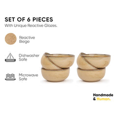 Ceramic Veg Bowls Set Of 6 For Dinner - 180ml Each, Beige Reactive | Katori Set With Glossy Finish - Porcelain Ceramic Bowls Set | Dessert Bowl Set