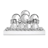 Designer Stainless Steel Delight Floral Laser Bloom Leaf Dinner Set Of 28 Pieces, Silver | 4 Dinner Plates+ 4 Glasses+ 8 Bowls+ 4 Pudding Bowls+ 4 Dessert Spoons+ 4 Dessert Fork